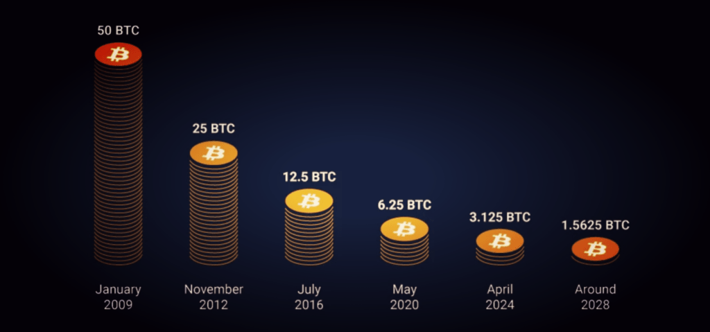 A visual representation of every Bitcoin mining reward reduction since 2012, showcasing the halving events that have occurred every 4 years. This chart illustrates the gradual reduction in mining rewards, which has contributed to the scarcity and value of Bitcoin over time.