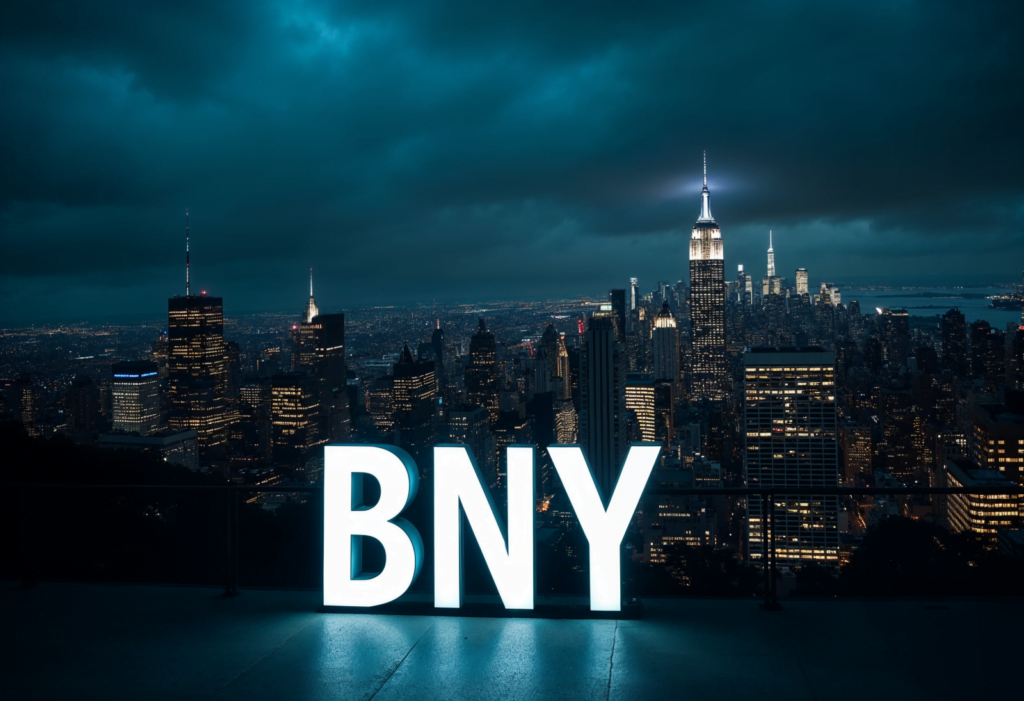 BNY Mellon logo with a New York city background, representing the bank's entry into the crypto custody market