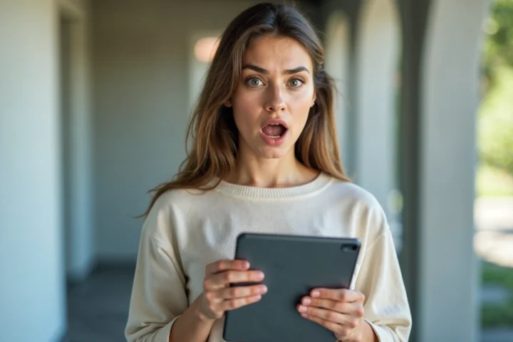 A surprised person looking at a fake investment scheme on their tablet