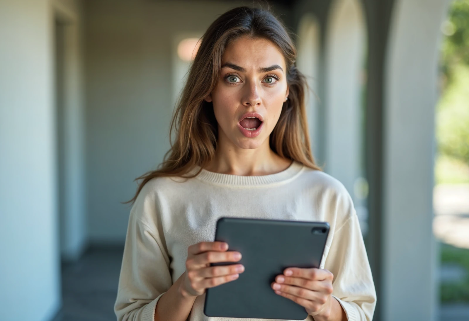 A surprised person looking at a fake investment scheme on their tablet