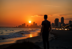 Person standing in front of a Long Beach, California cityscape, symbolizing freedom and a new chapter