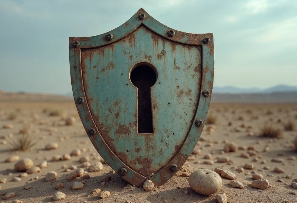 A weathered shield fully covered by encryption symbols with a crack running through it, set in a desolate landscape highlighting the decay of current encryption methods.