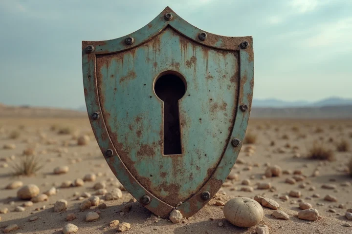 A weathered shield fully covered by encryption symbols with a crack running through it, set in a desolate landscape highlighting the decay of current encryption methods.