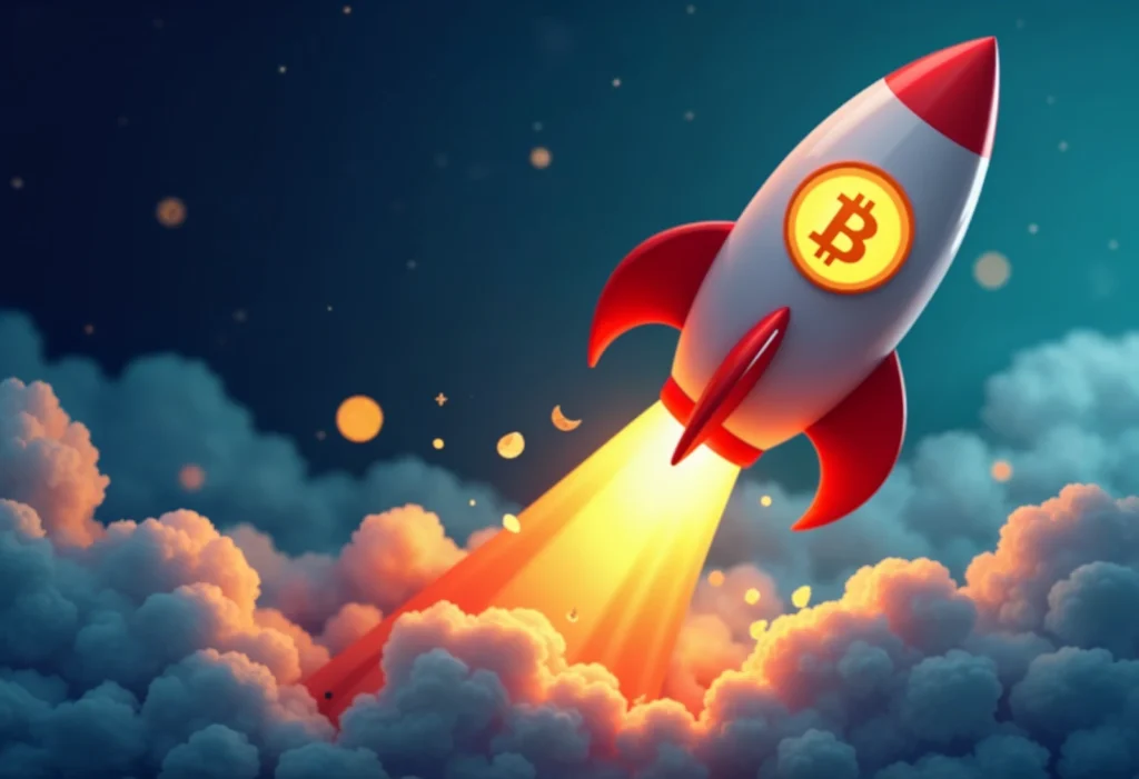 A stylized image of a rocket ship with a Bitcoin logo, representing the surge in price