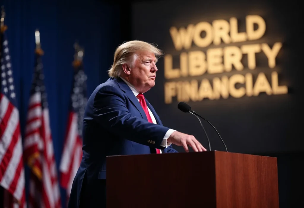 Trump speaking at a podium with a World Liberty Financial logo behind him