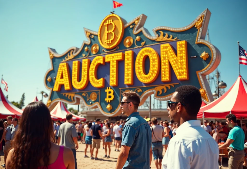 Giant "Auction" sign with a Bitcoin theme, representing the sale of the seized Bitcoin.