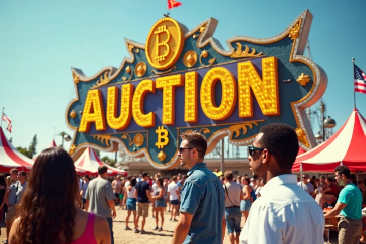 Giant "Auction" sign with a Bitcoin theme, representing the sale of the seized Bitcoin.