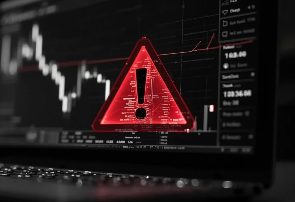 A cryptocurrency-themed background with a warning message