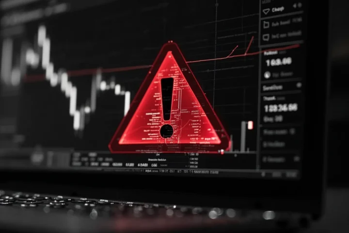 A cryptocurrency-themed background with a warning message