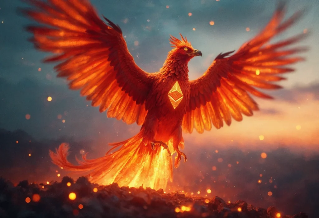 A phoenix with Ethereum logo rising from the ashes