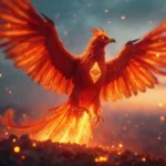 A phoenix with Ethereum logo rising from the ashes