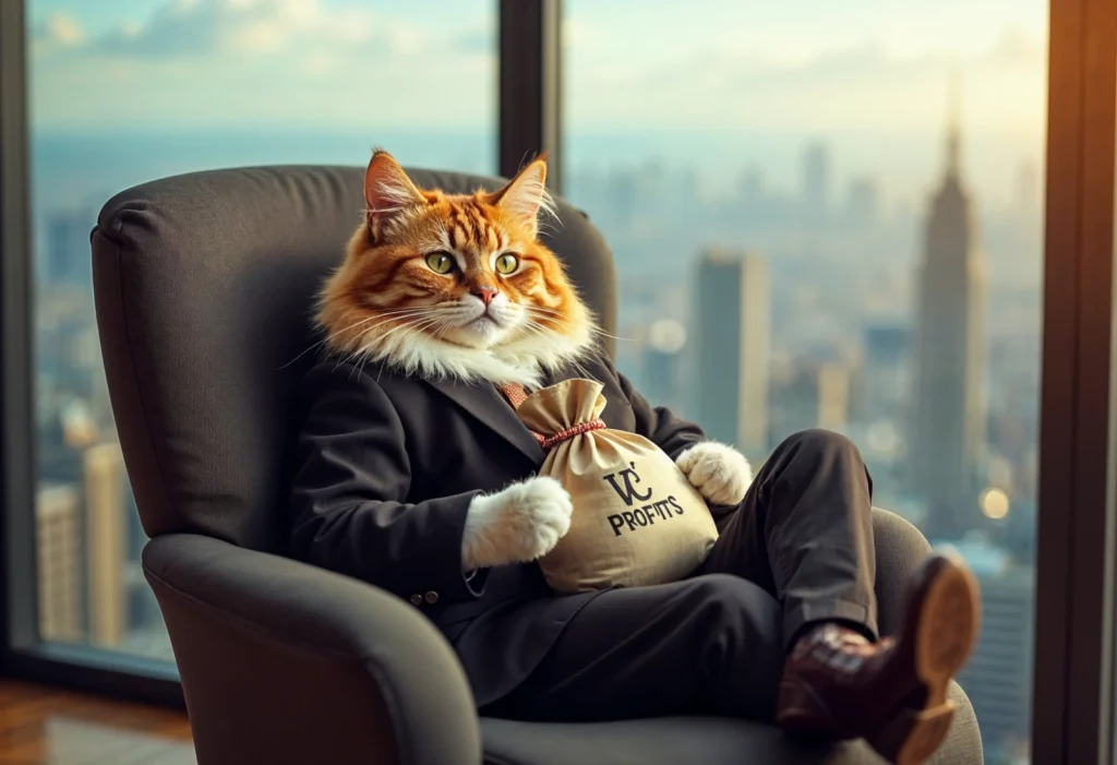 A fat greedy cat in a suit holding a bag of money, with a VC logo on the bag