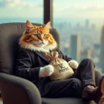 A fat greedy cat in a suit holding a bag of money, with a VC logo on the bag