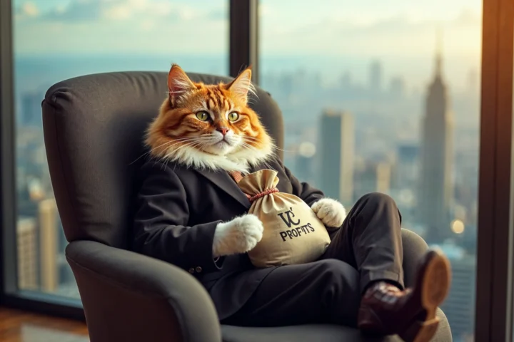 A fat greedy cat in a suit holding a bag of money, with a VC logo on the bag