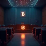 An image of a courtroom with a judge's bench, but with cryptocurrency-themed elements