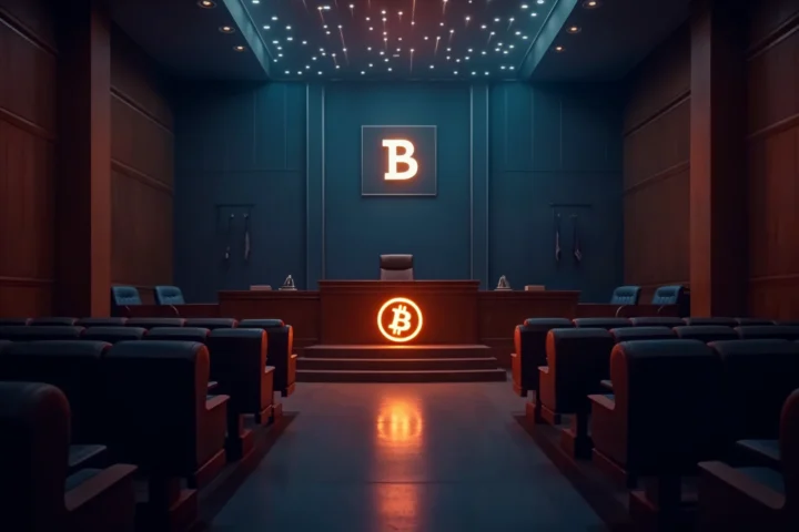 An image of a courtroom with a judge's bench, but with cryptocurrency-themed elements