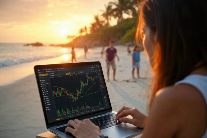 A person looking at a laptop with a crypto futures trading platform on the screen, and a white sand beach in the background with palms