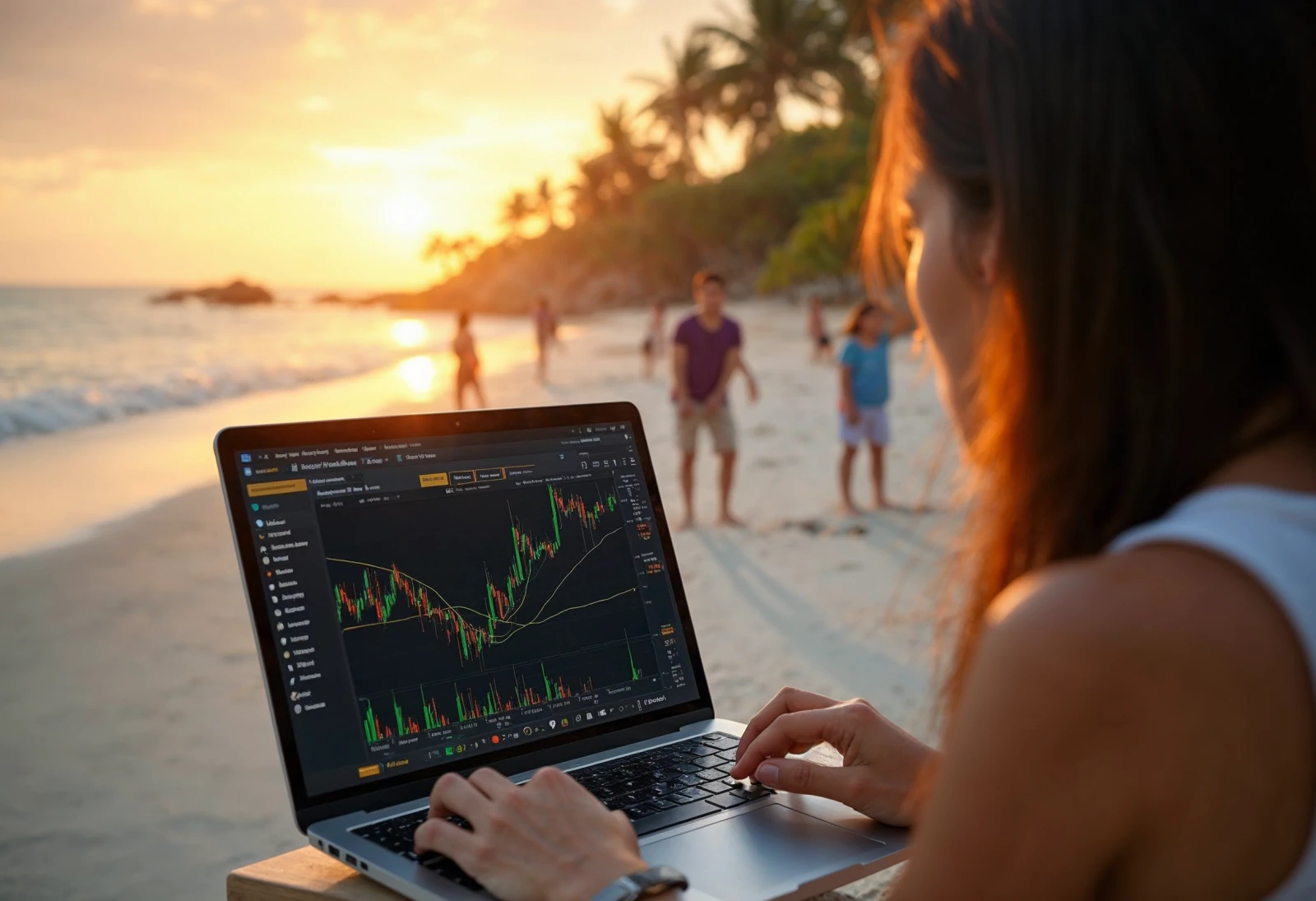 A person looking at a laptop with a crypto futures trading platform on the screen, and a white sand beach in the background with palms