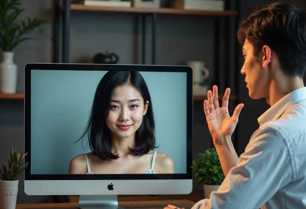 Computer screen displaying a face of a sexy young cheneese girl, with a cheneese male person who look at her face seems concerned