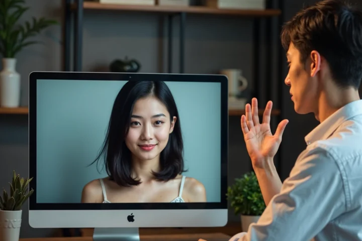 Computer screen displaying a face of a sexy young cheneese girl, with a cheneese male person who look at her face seems concerned