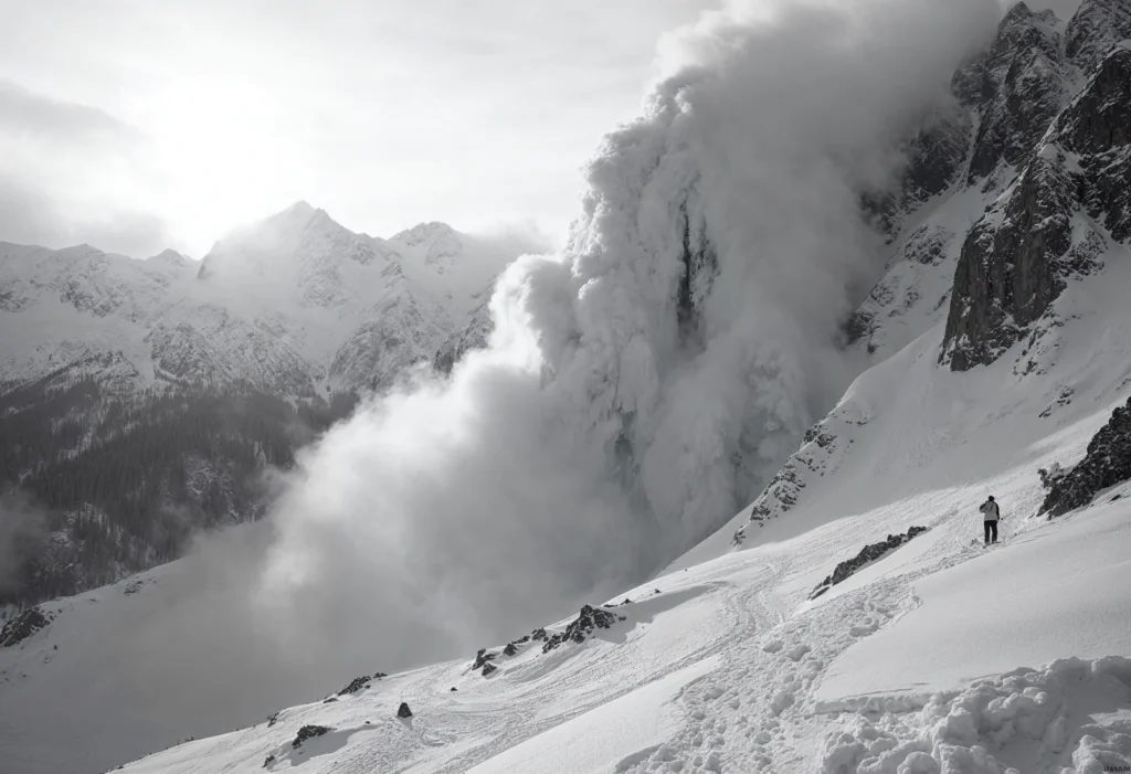 A gigantic avalanche barreling down a snow-covered mountainside