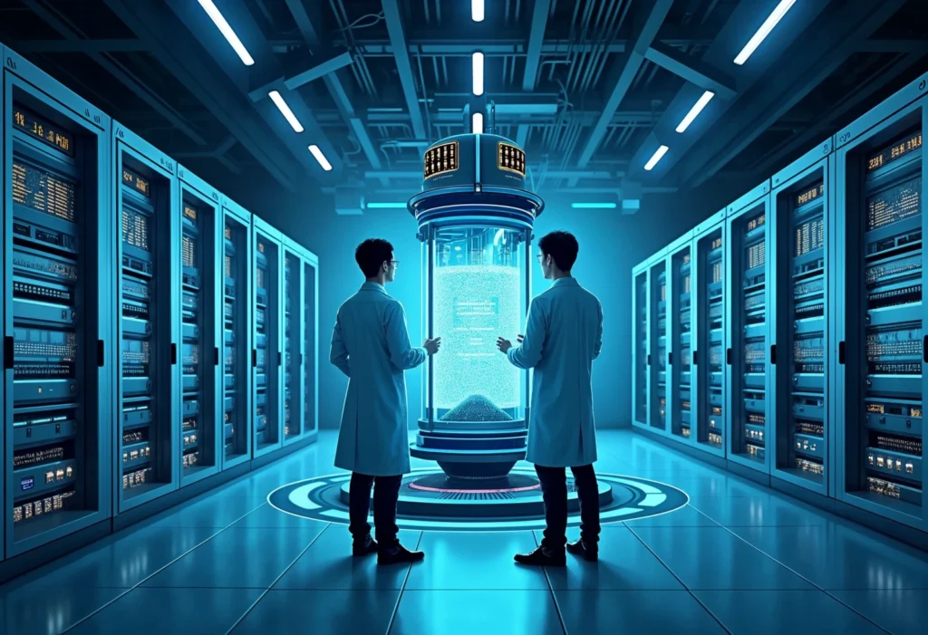 A futuristic illustration of a data center powered by a miniature nuclear reactor