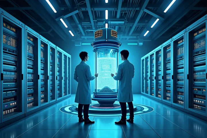 A futuristic illustration of a data center powered by a miniature nuclear reactor