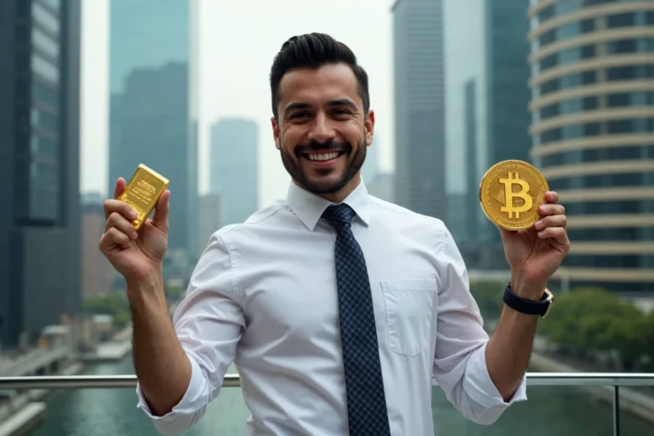 Picture of a person holding a gold bar and a Bitcoin