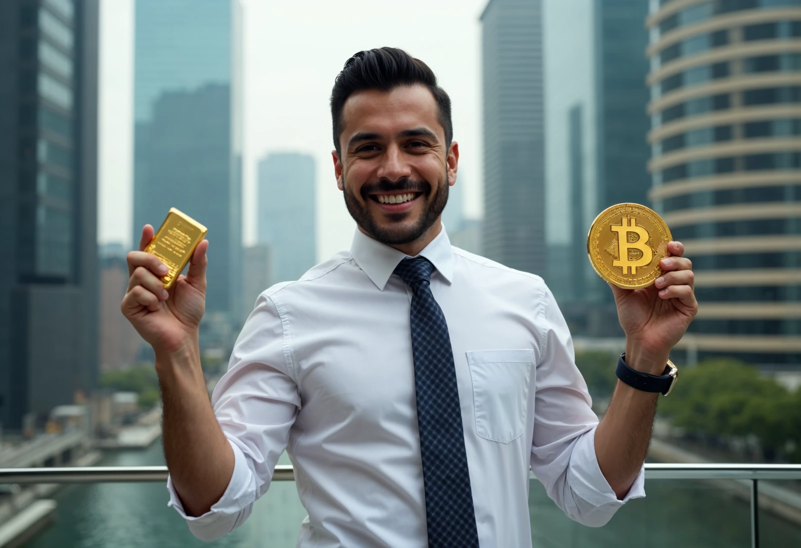 Picture of a person holding a gold bar and a Bitcoin