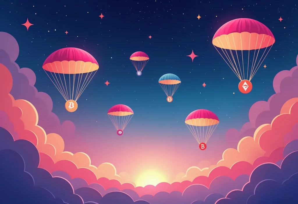 Airdrop illustration: a parachute deploying, symbolizing the fleeting nature of airdrop-driven growth in the Layer 2 ecosystem