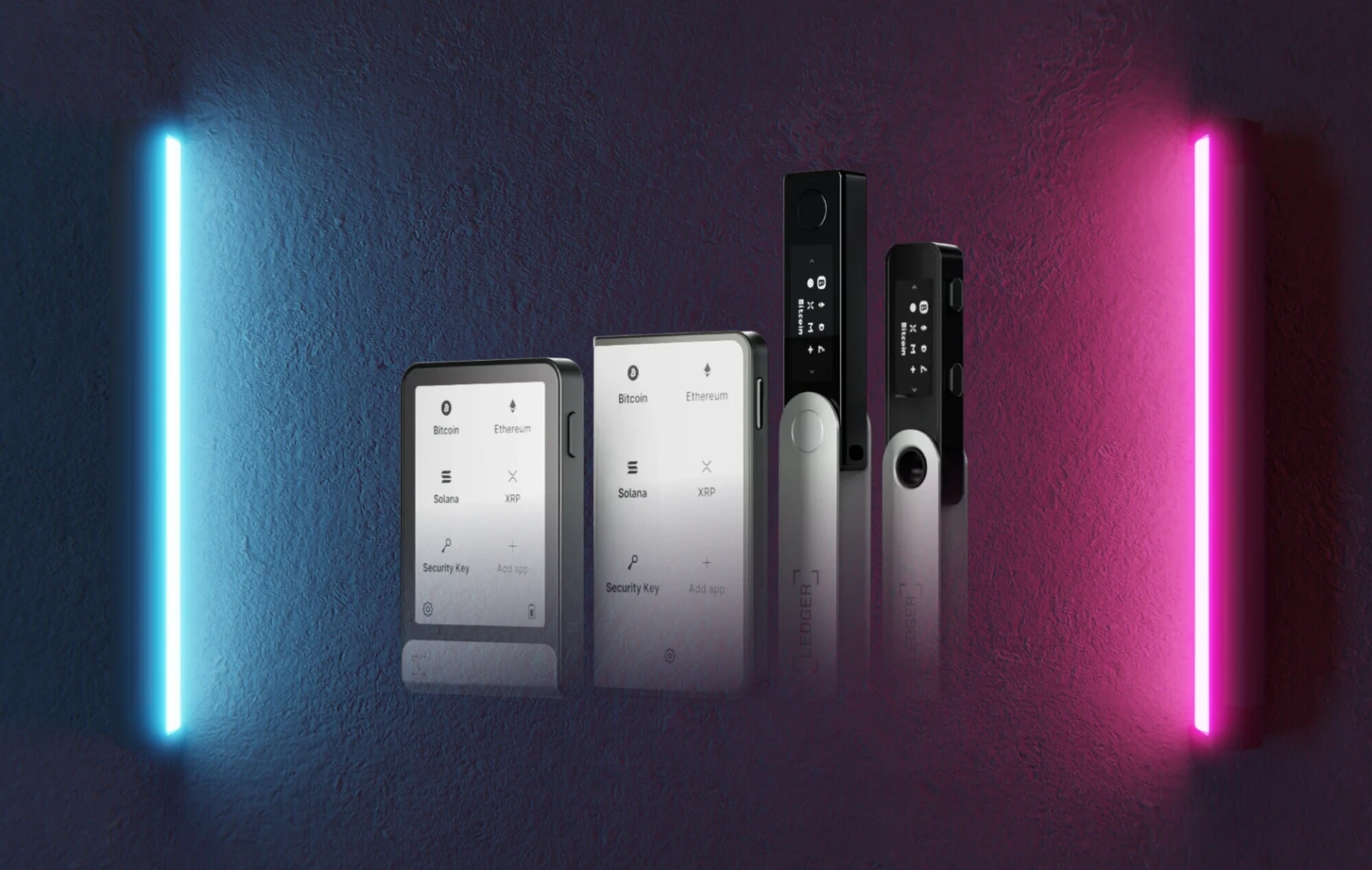 Ledger Hardware Wallets, including the Ledger Nano S Plus, Ledger Nano X, Ledger Stax, and Ledger Flex, on a table or surface