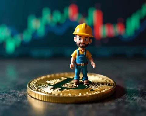 A miniature miner figure standing on a large golden bitcoin cryptocurrency coin