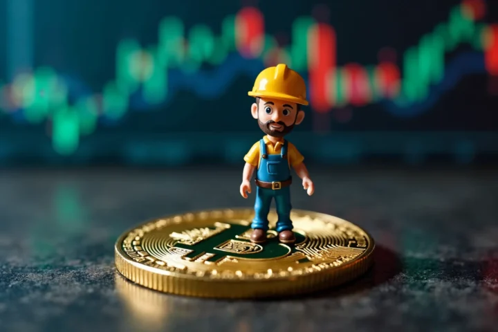 A miniature miner figure standing on a large golden bitcoin cryptocurrency coin