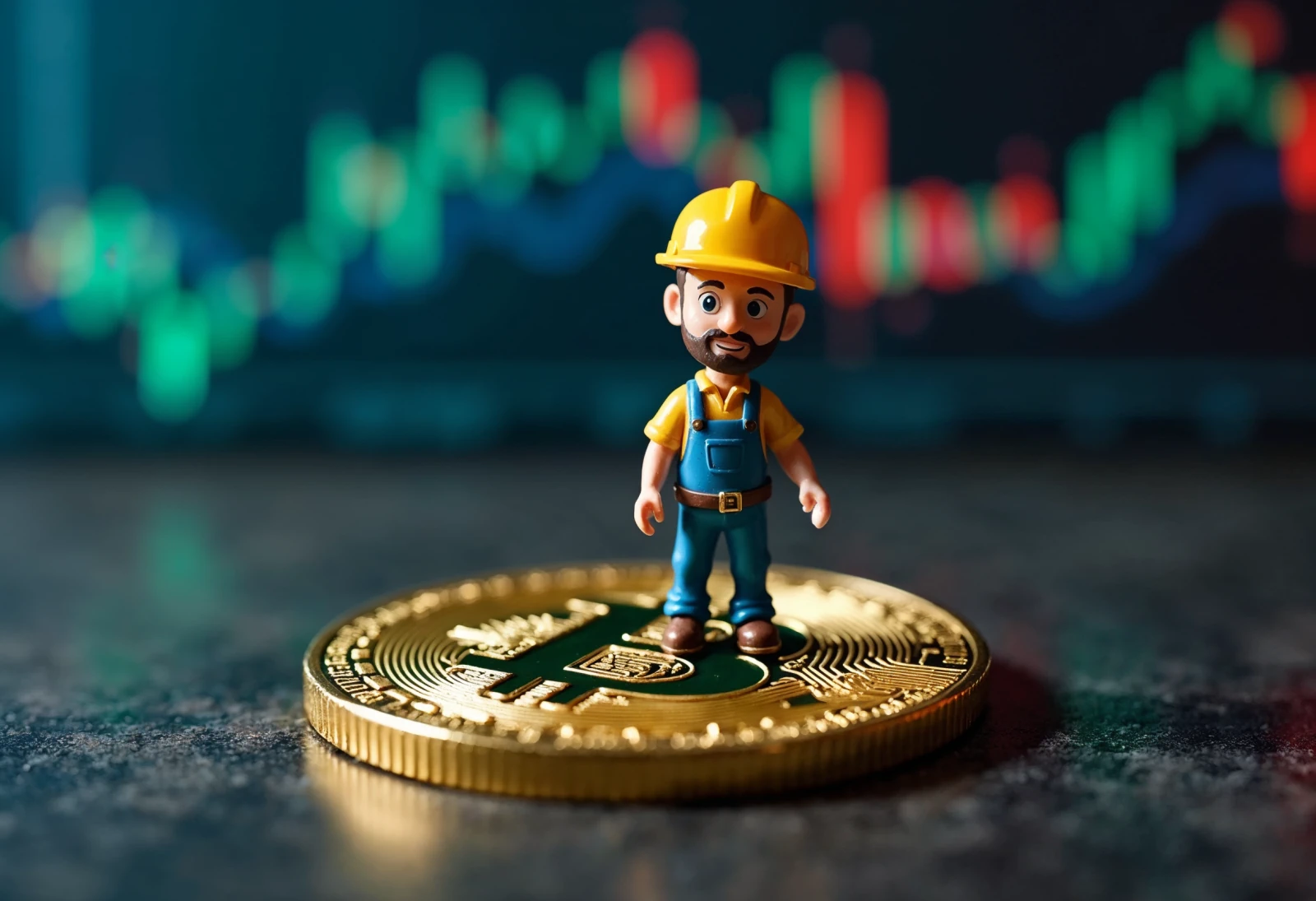 A miniature miner figure standing on a large golden bitcoin cryptocurrency coin