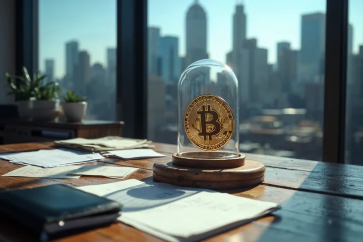 A Bitcoin logo encased in glass, positioned on a rustic wooden table next to a documents, closed checkbook, with a black leather wallet beside it, creating deep shadows on the table surface.