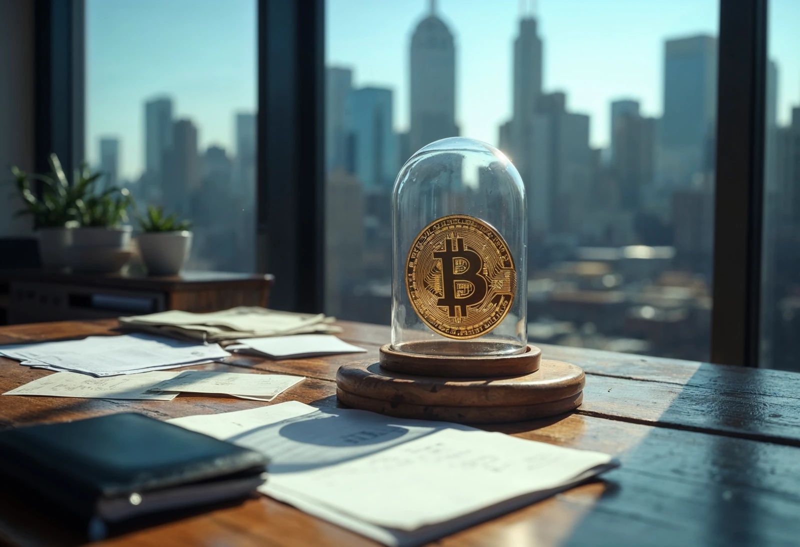 A Bitcoin logo encased in glass, positioned on a rustic wooden table next to a documents, closed checkbook, with a black leather wallet beside it, creating deep shadows on the table surface.