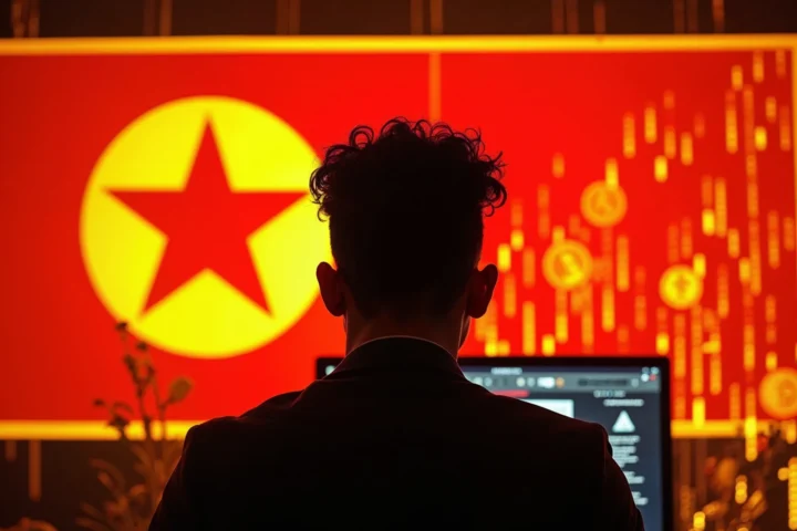 A representation of a hacker's computer screen with a North Korean flag in the background, symbolizing the country's involvement in cryptocurrency hacking