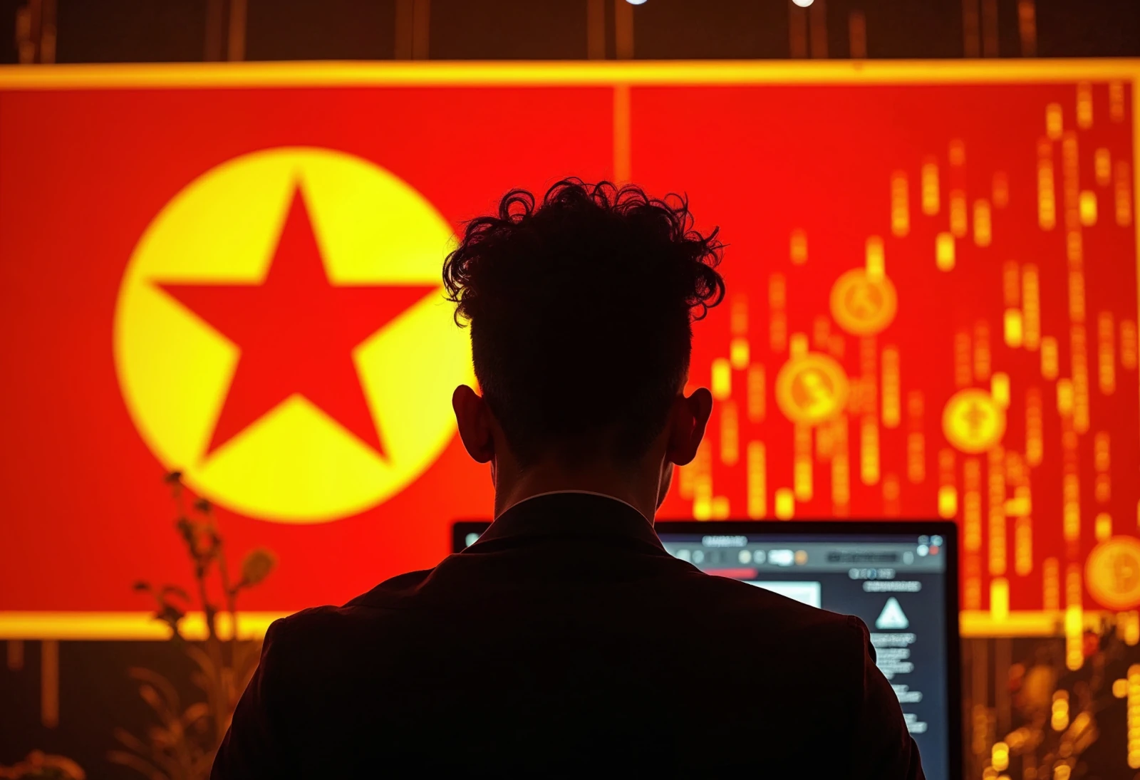 A representation of a hacker's computer screen with a North Korean flag in the background, symbolizing the country's involvement in cryptocurrency hacking