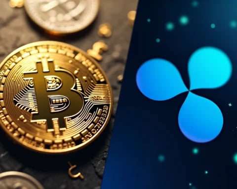 A split-screen image with a Bitcoin logo on one side and a Ripple logo on the other, with a subtle background that represents the cryptocurrency market