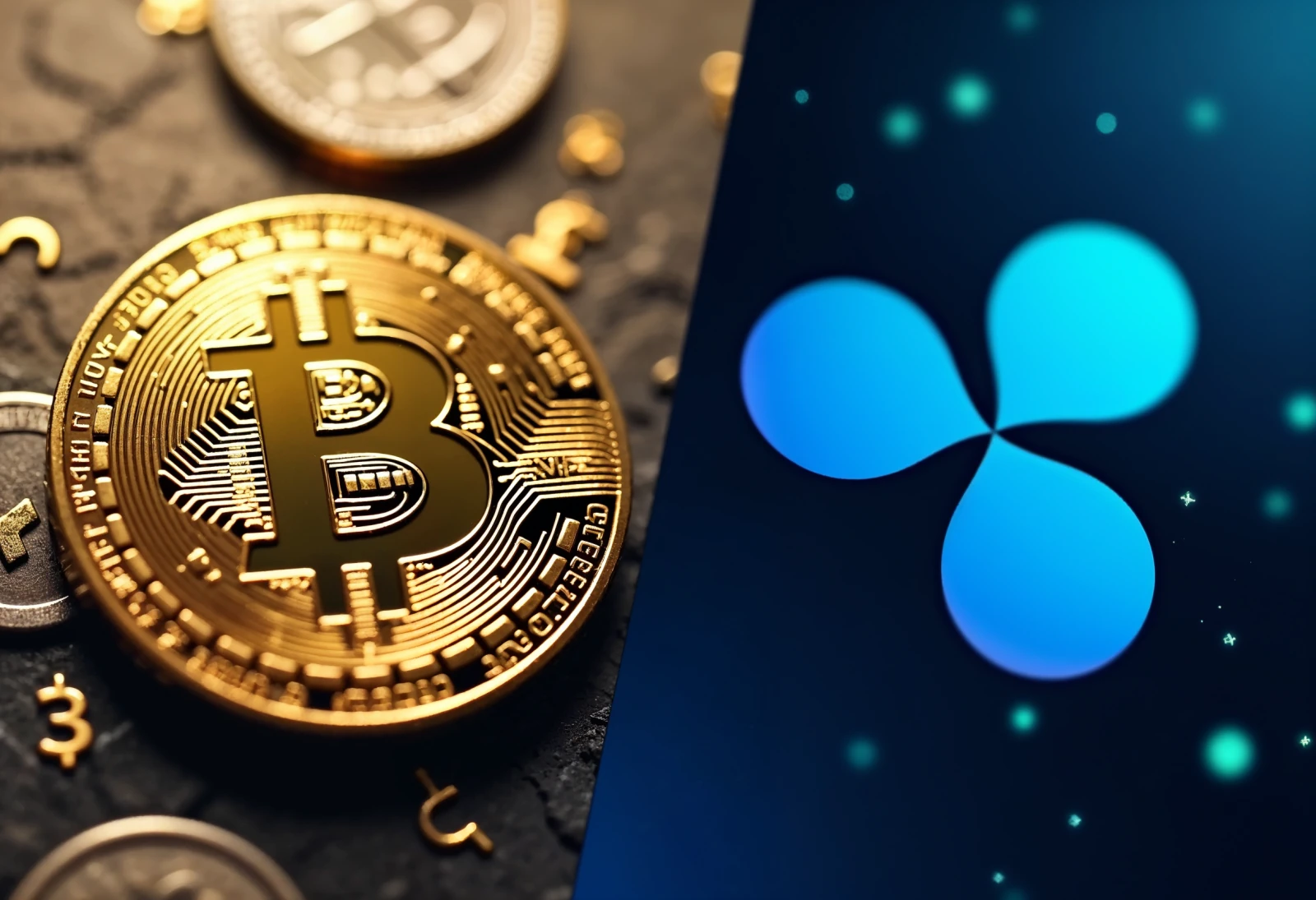 A split-screen image with a Bitcoin logo on one side and a Ripple logo on the other, with a subtle background that represents the cryptocurrency market