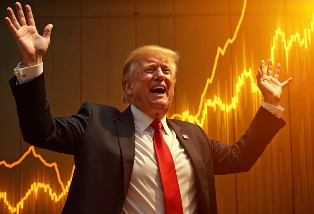 Image of a graph showing the price of Bitcoin increasing with a picture of Donald Trump in the background