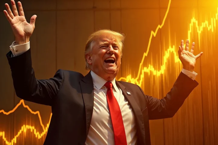 Image of a graph showing the price of Bitcoin increasing with a picture of Donald Trump in the background