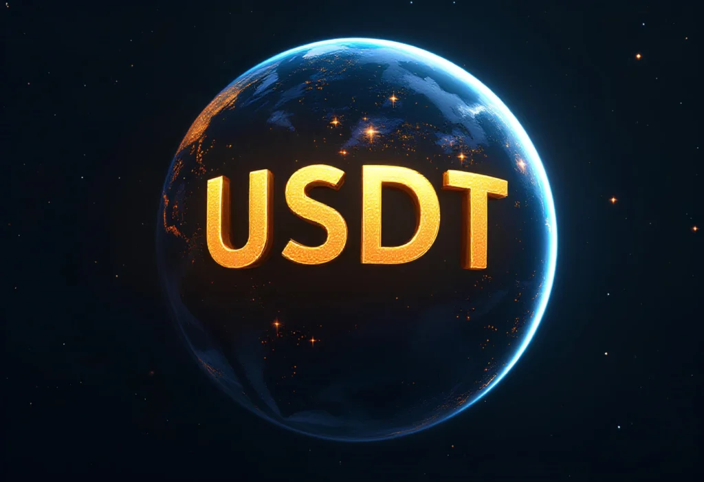 A globe with the big USDT word in the center