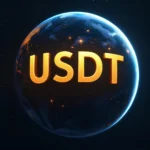 A globe with the big USDT word in the center