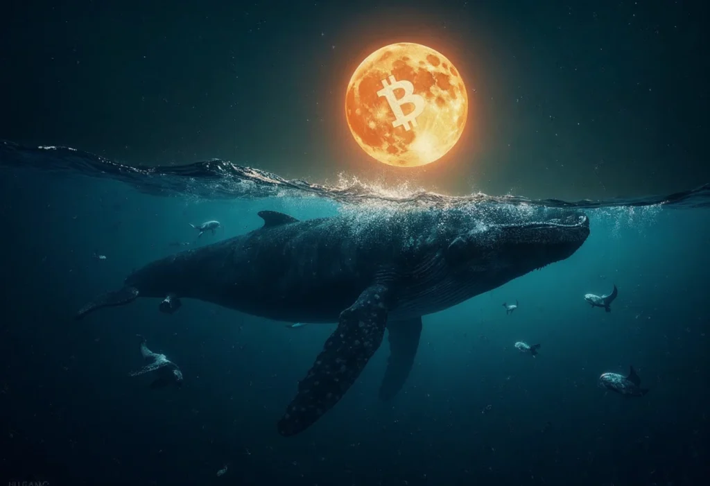 A large humpback whale swimming in the ocean at night under a full moon, with a Bitcoin symbol in the sky