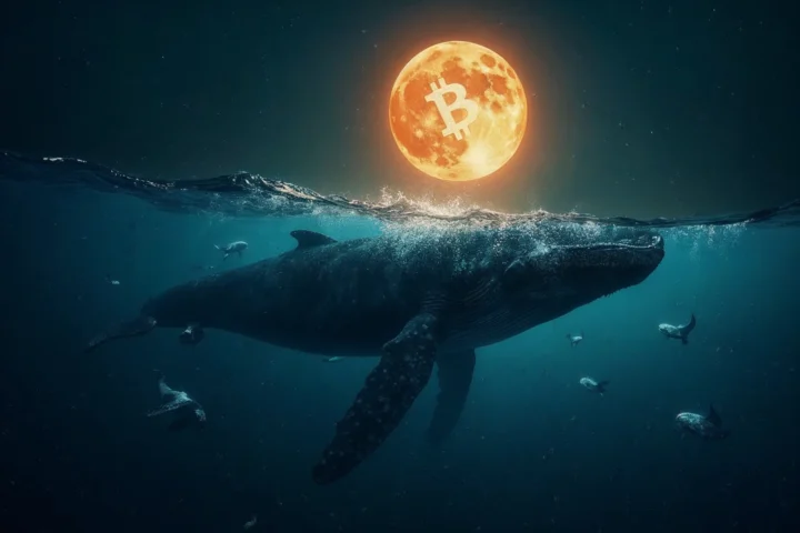 A large humpback whale swimming in the ocean at night under a full moon, with a Bitcoin symbol in the sky