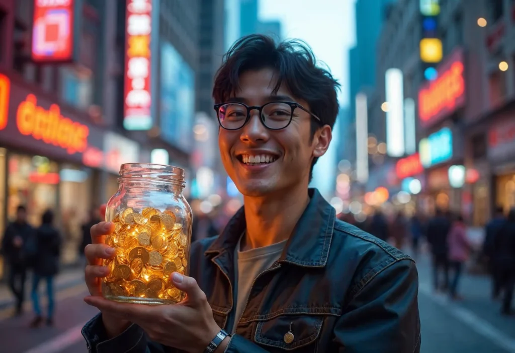 Cheerful young male holding a transparent glass jar filled with sparkling Bitcoin coins, standing on a bustling city street