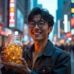 Cheerful young male holding a transparent glass jar filled with sparkling Bitcoin coins, standing on a bustling city street