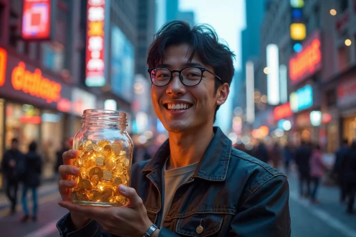 Cheerful young male holding a transparent glass jar filled with sparkling Bitcoin coins, standing on a bustling city street