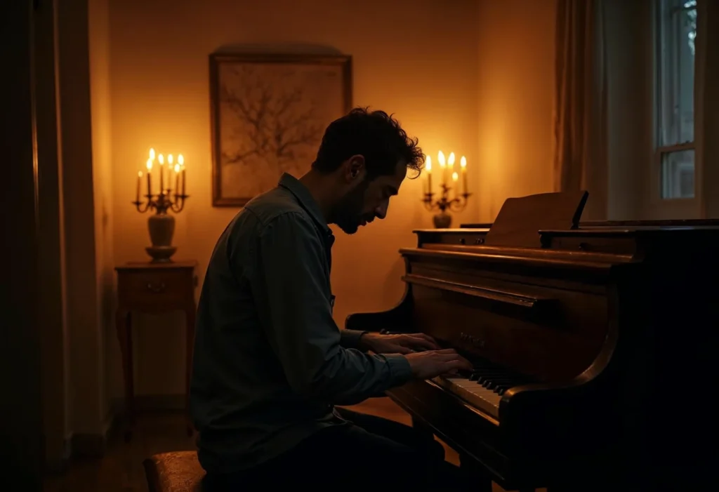 Pianist playing for Lord Vinheteiro, with a melancholic look on his face, surrounded by flickering candles that enhance the feelings of loss and frustration.